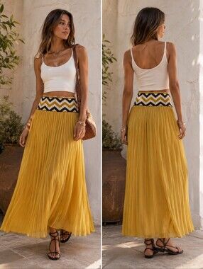 Anthropologie Dear Creatures Pleated Chevron Maxi Skirt Boho Cottagecore M